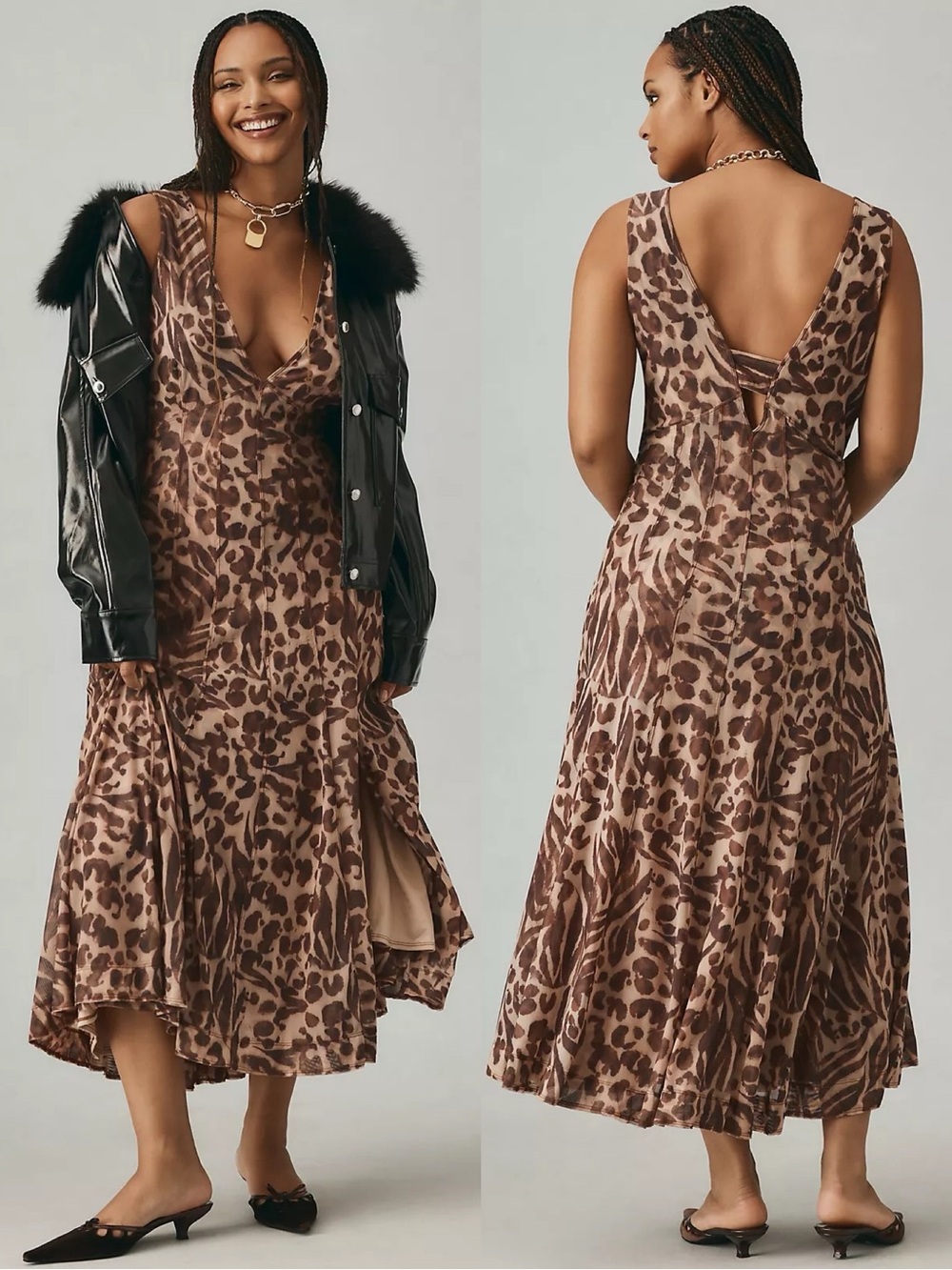 Anthropologie Pilcro Seamed V-Neck Mesh Midi Dress Leopard